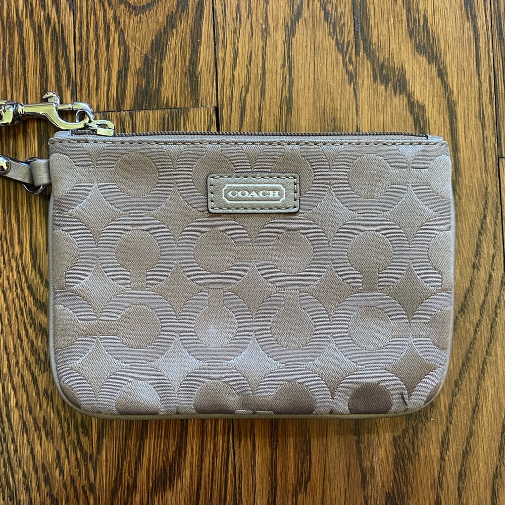 Coach Signature Taupe Op Art Small Wristlet - Beige Purse Clutch